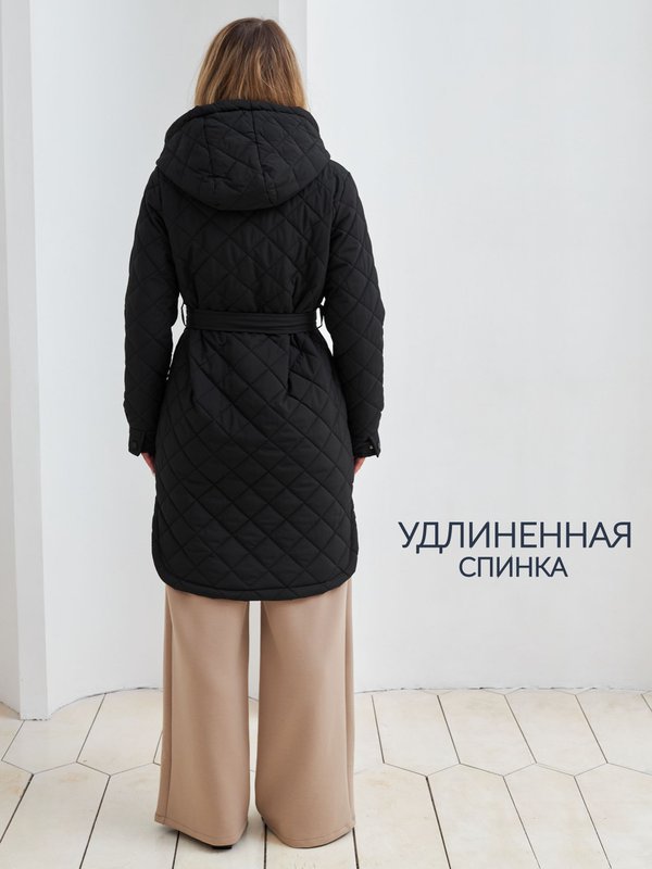 Куртка демисезонная женская весенняя - осенняя удлиненная стеганая с капюшоном и поясом весна